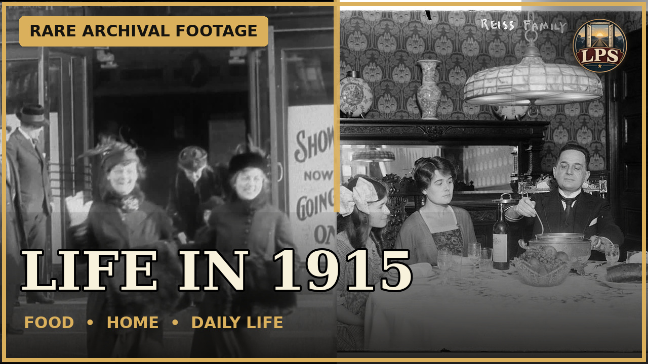 Archival street and family dinner scenes with the title Life in 1915