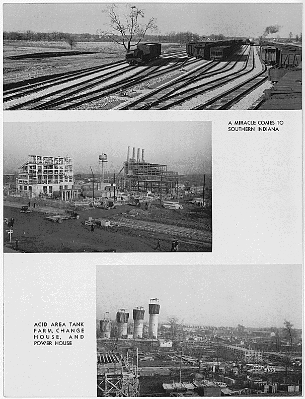 Archival booklet page showing three construction scenes at Indiana Ordnance Works near Charlestown