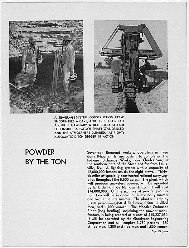 Archival booklet page showing workers and a ditch-digging machine at Indiana Ordnance Works near Charlestown